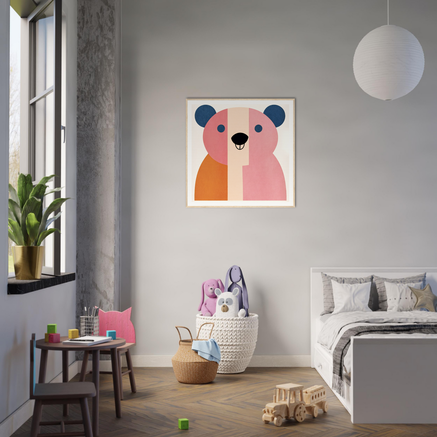 Pink and orange geometric bear illustration for fun nursery wall art decor