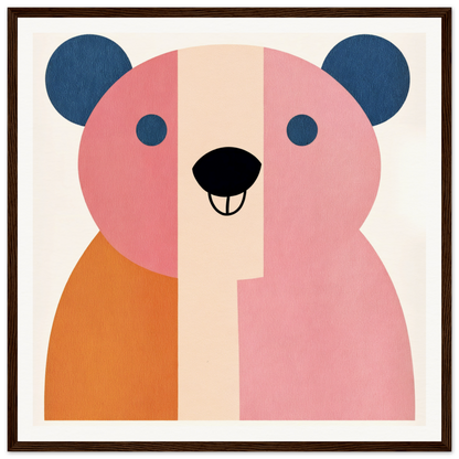 Minimalist geometric pink and orange bear with blue ears for nursery wall art