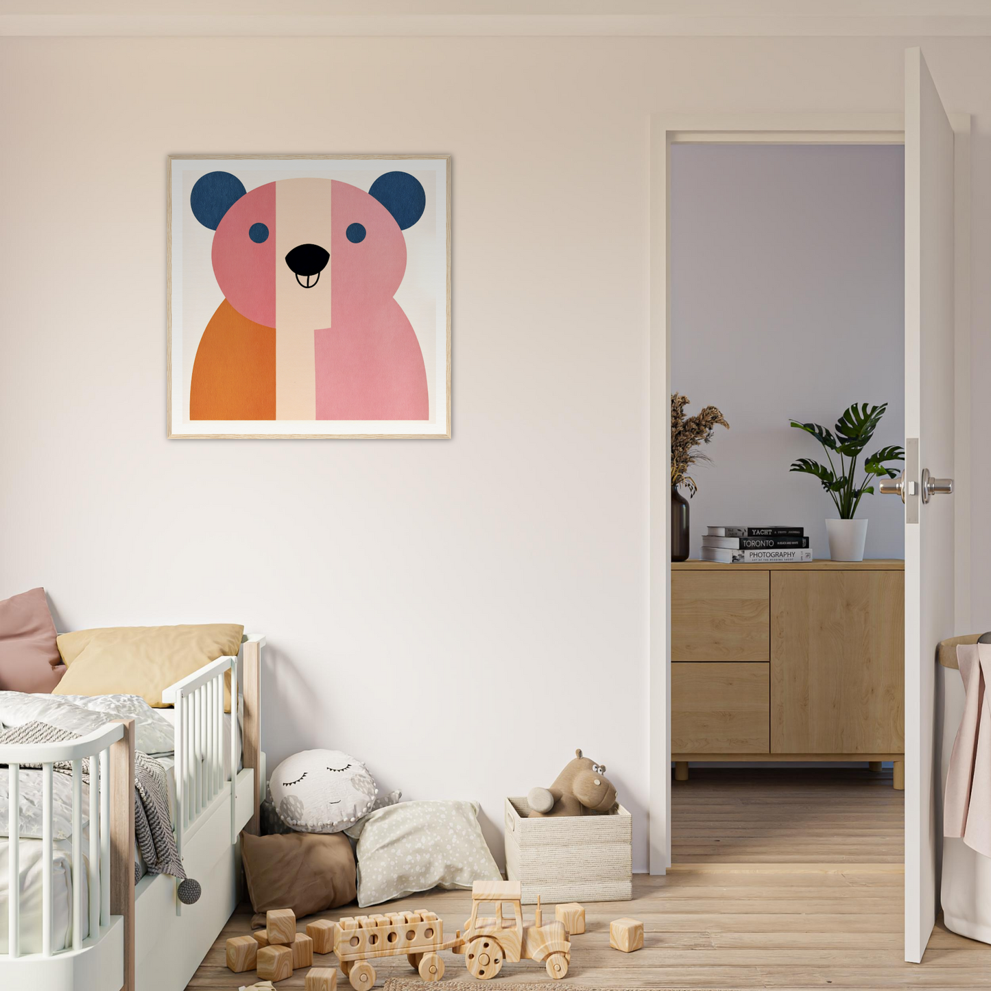 Colorful geometric bear nursery wall art framed poster in pink and orange tones