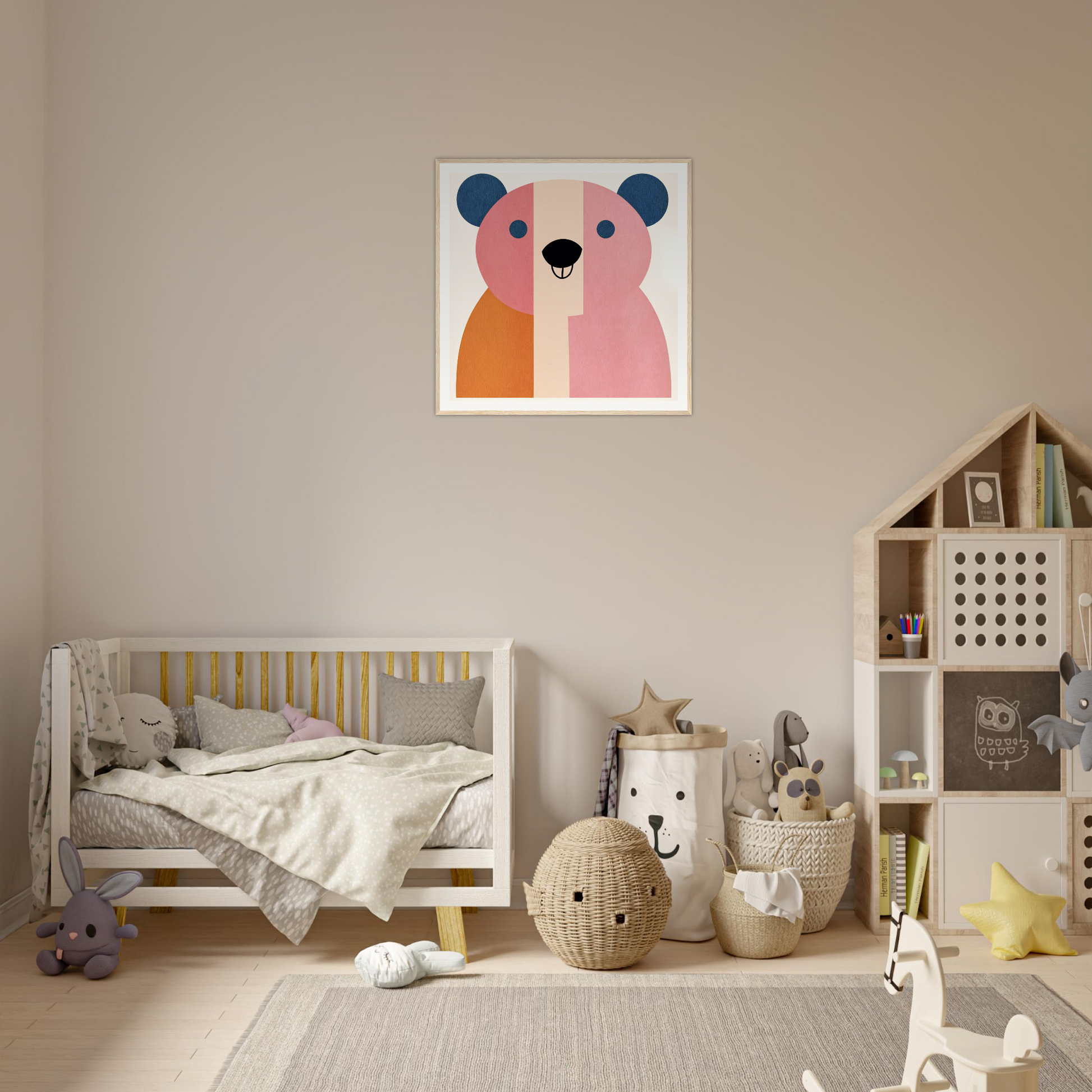 Modern nursery decor with neutral colors and pink-orange bear artwork as nursery wall art