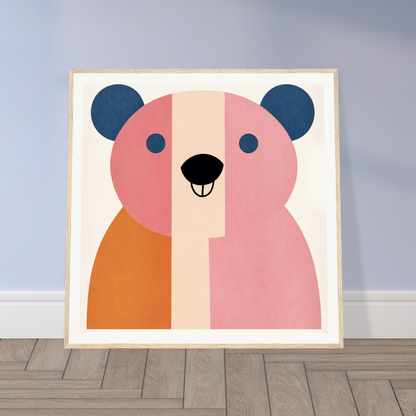 Minimalist pink and orange bear face with blue ears for stylish nursery wall art