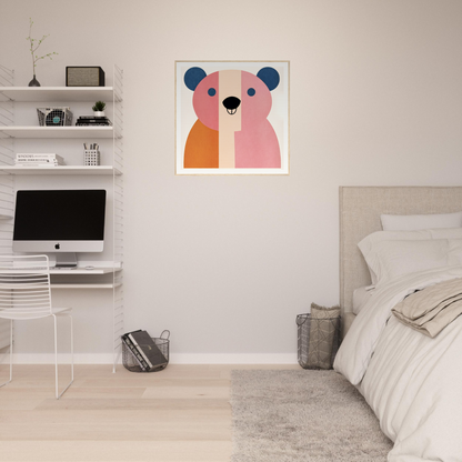 Cute pink and orange cartoon bear art print for nursery wall art decor