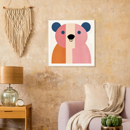 Funky geometric art print of a pink and orange panda bear for nursery decor