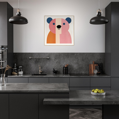 Modern dark gray kitchen featuring colorful bear nursery wall art as a standout piece