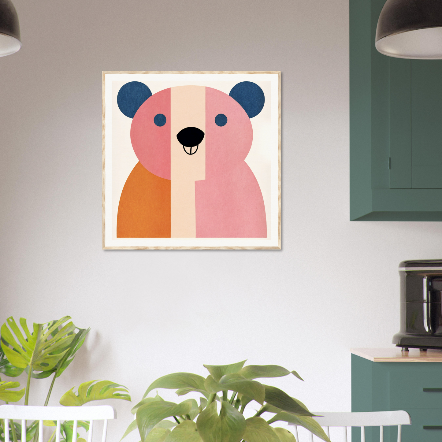 Geometric pink and orange bear face art print for cute nursery wall decor