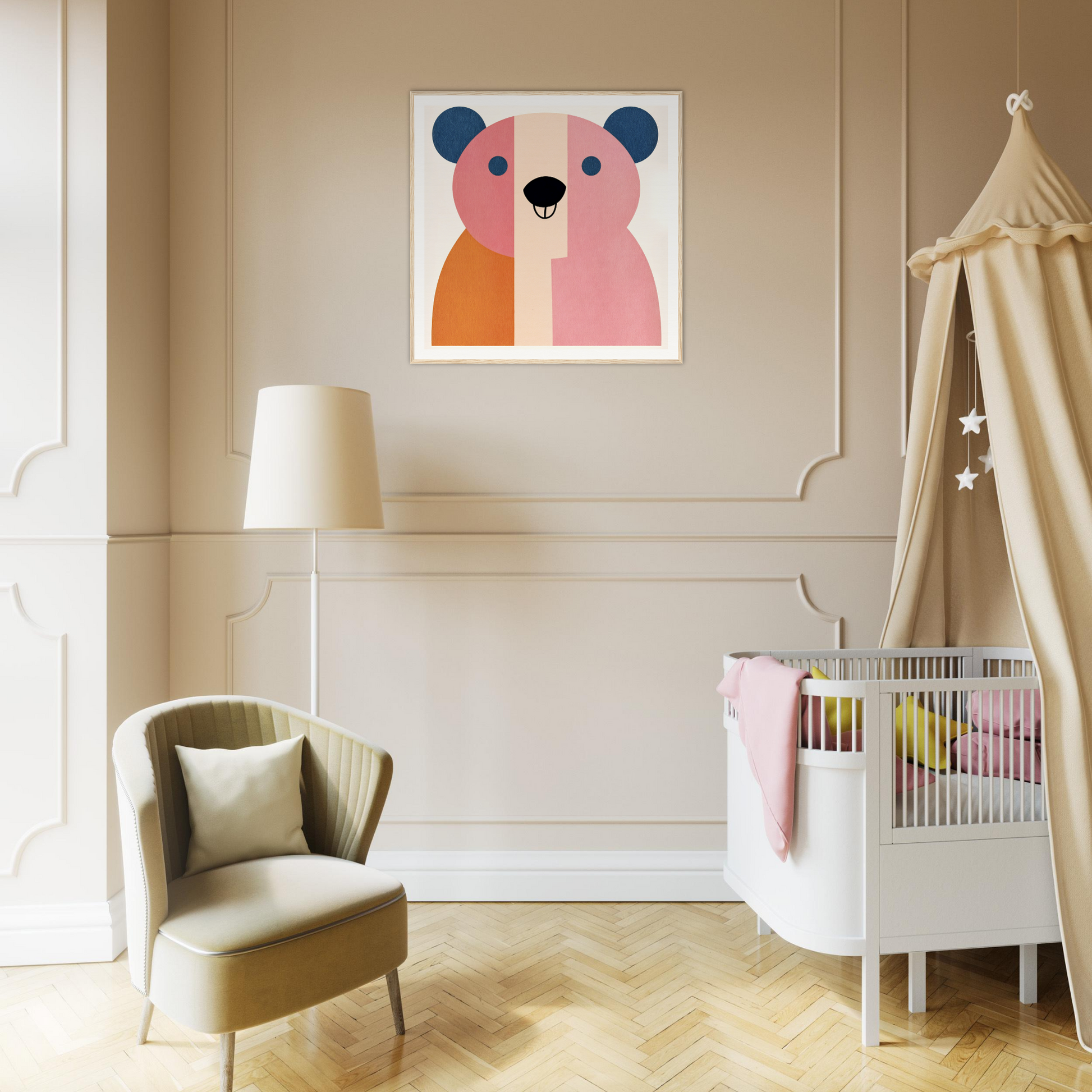 Modern nursery with pink and orange bear artwork above a white crib for cute nursery decor