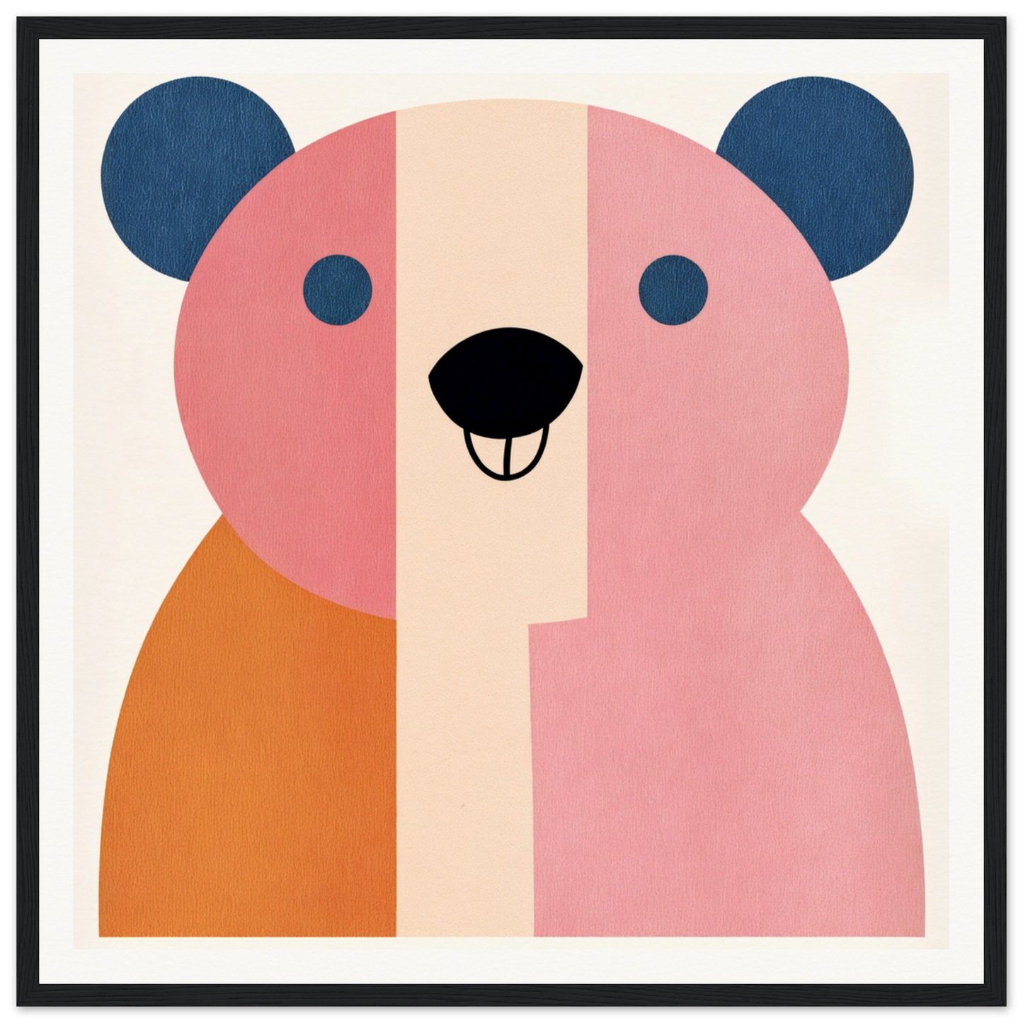 Minimalist geometric bear illustration in pink, orange, and blue for nursery wall art