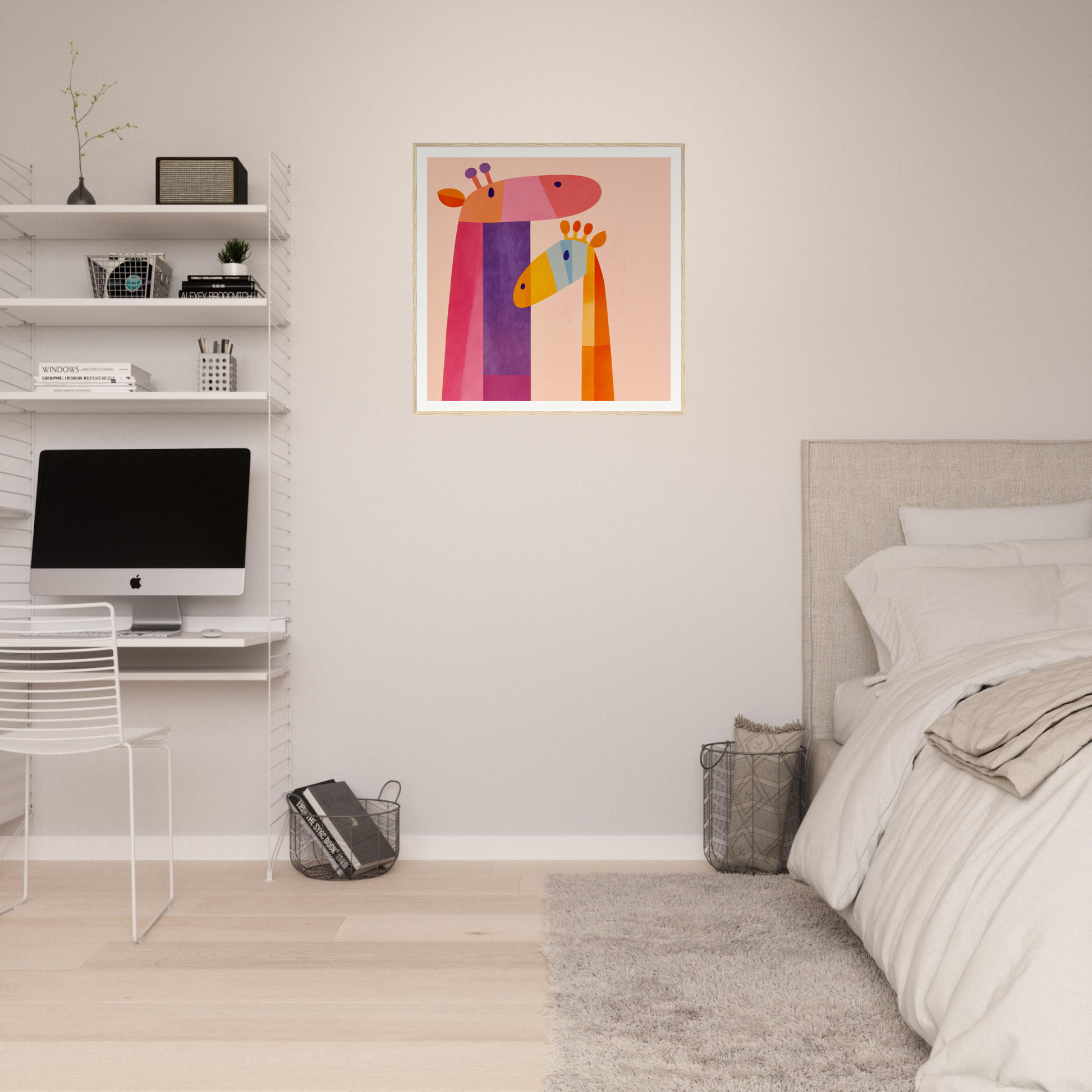 Minimalist bedroom featuring colorful abstract nursery wall art and white floating shelves