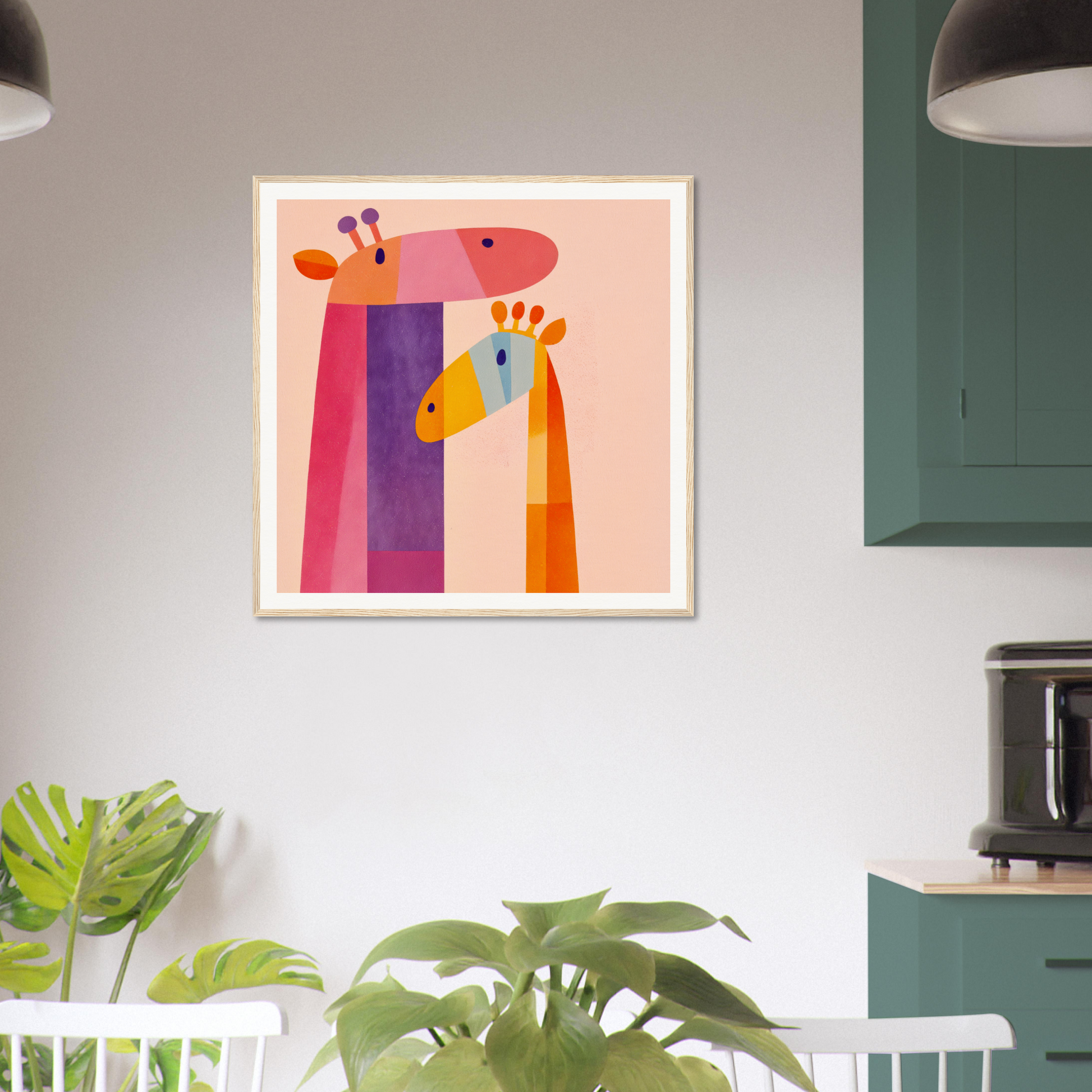 Framed poster of colorful geometric giraffes for cute nursery wall art and decor