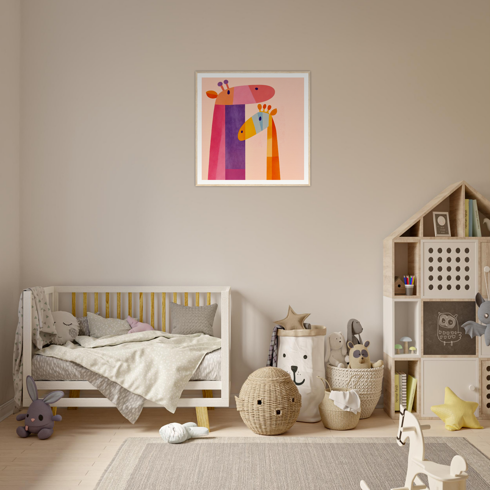 Modern wooden crib with grey bedding and yellow accents, perfect for nursery decor