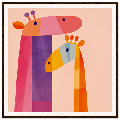 Colorful geometric giraffes in pink, purple, and orange for nursery wall art decor