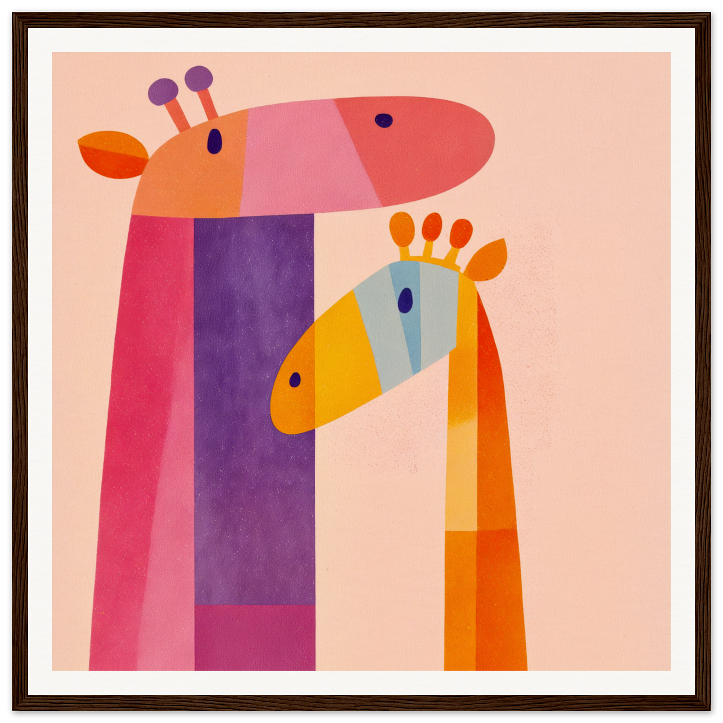 Two colorful geometric giraffes in pink and purple for fun nursery wall art