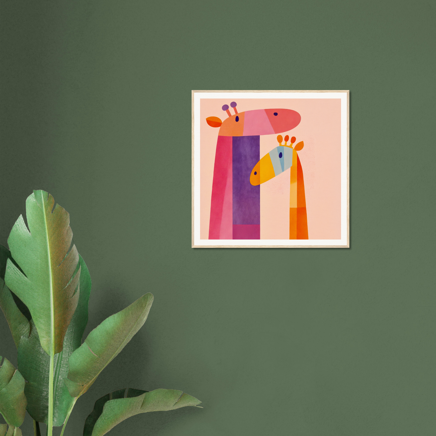 Colorful geometric giraffe heads framed poster perfect for fun nursery wall art and decor