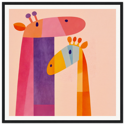 Two colorful geometric giraffes in vibrant tones, perfect for nursery wall art