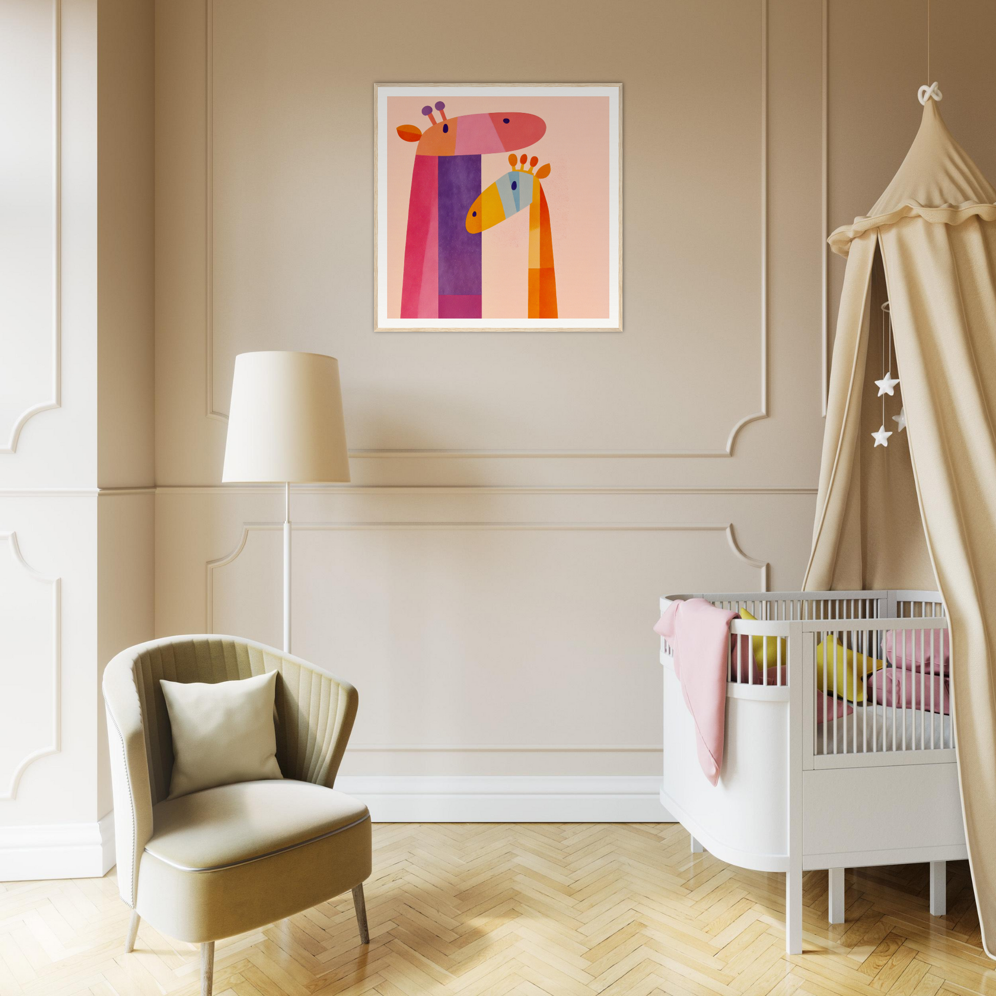 Modern nursery with white crib and colorful nursery wall art of a giraffe