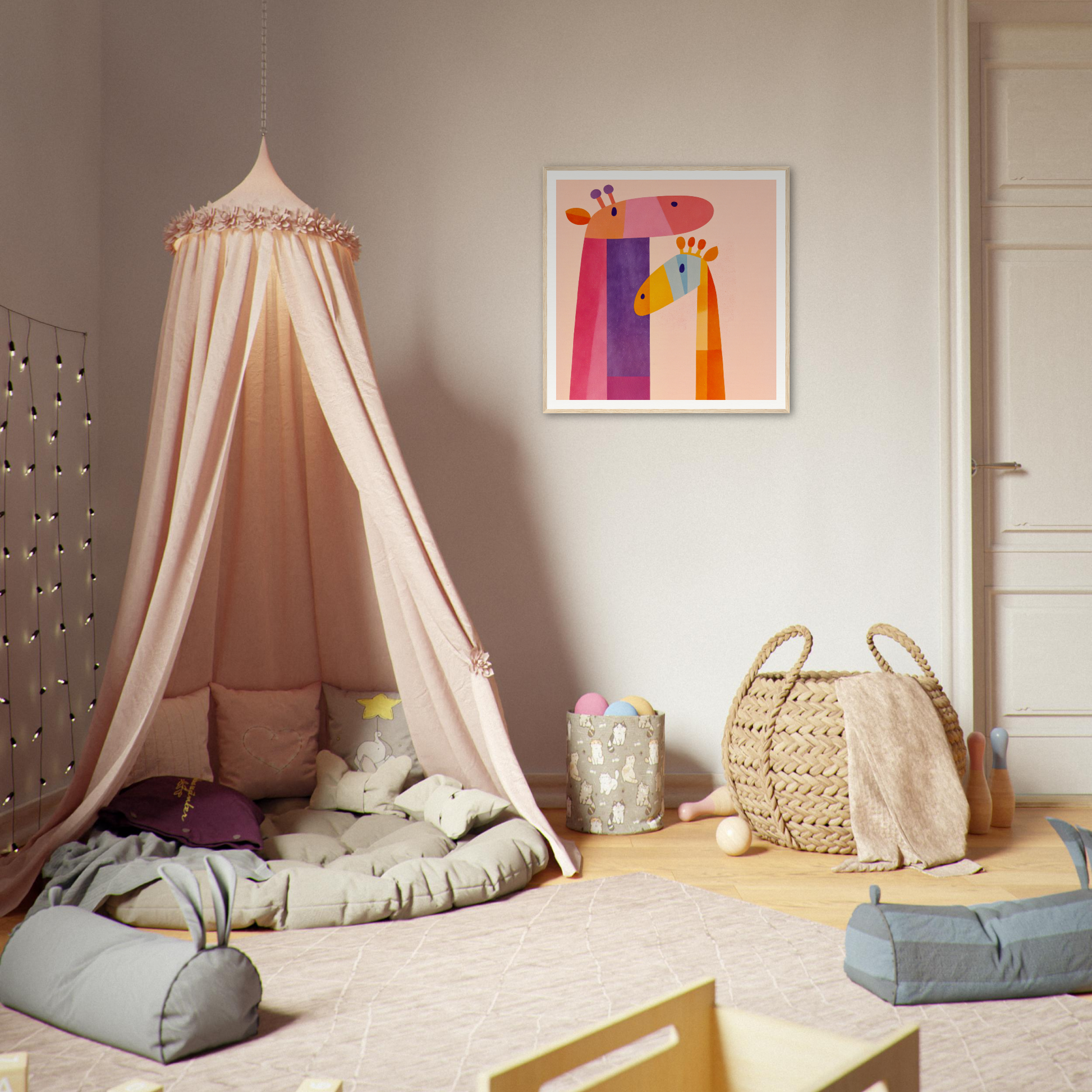 Cozy pink canopy tent with cushions, perfect for nursery decor and style