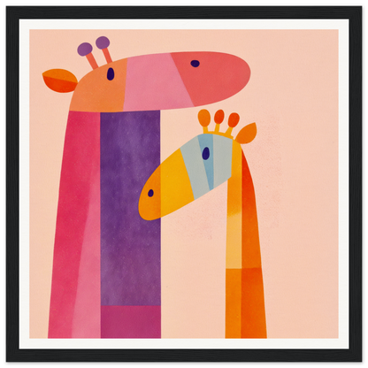 Colorful geometric illustration of two giraffes for nursery wall art in vibrant tones