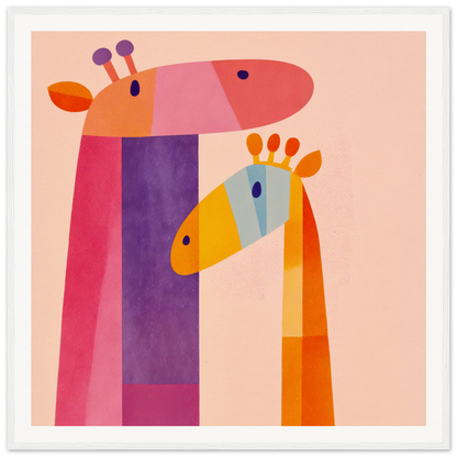 Colorful geometric giraffes in pink, purple, and yellow nursery wall art for fun decor