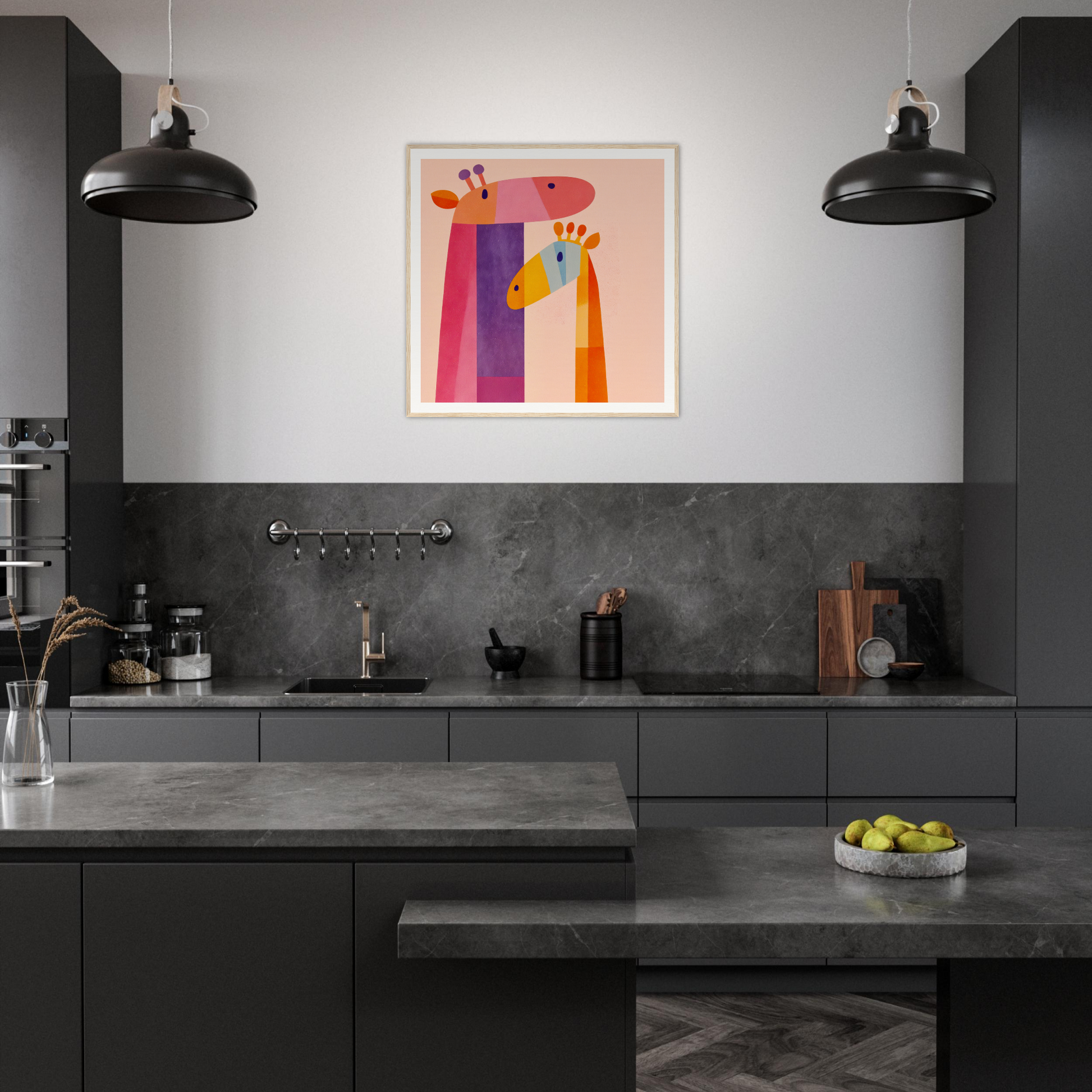 Modern dark gray kitchen featuring colorful giraffe nursery wall art in product180