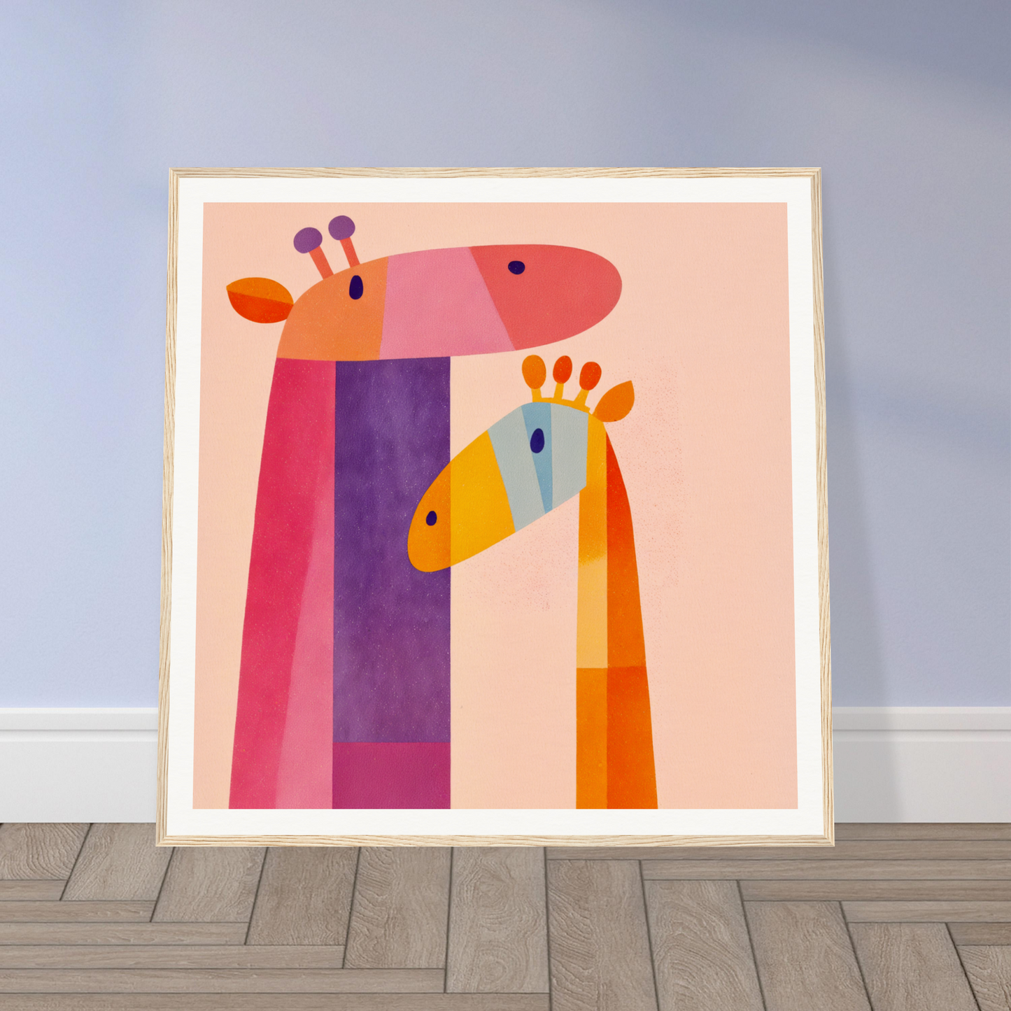 Colorful geometric giraffes poster, perfect for nursery wall art or nursery decor