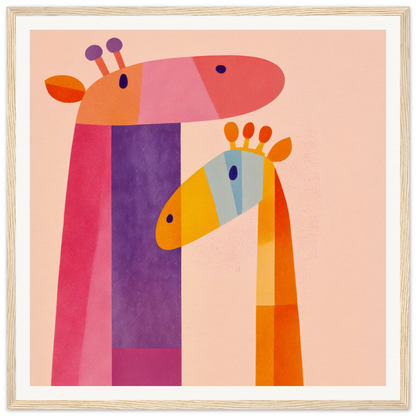 Colorful geometric giraffes in pink, purple, and orange for trendy nursery wall art