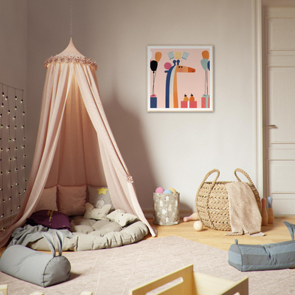 Peach-colored canopy tent draped with fabric, perfect for nursery decor and wall art