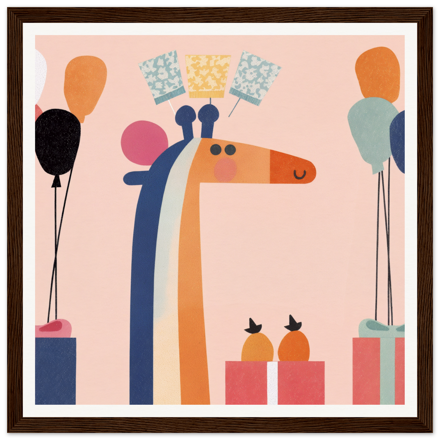 Stylized orange and blue giraffe with a crown for charming nursery wall art