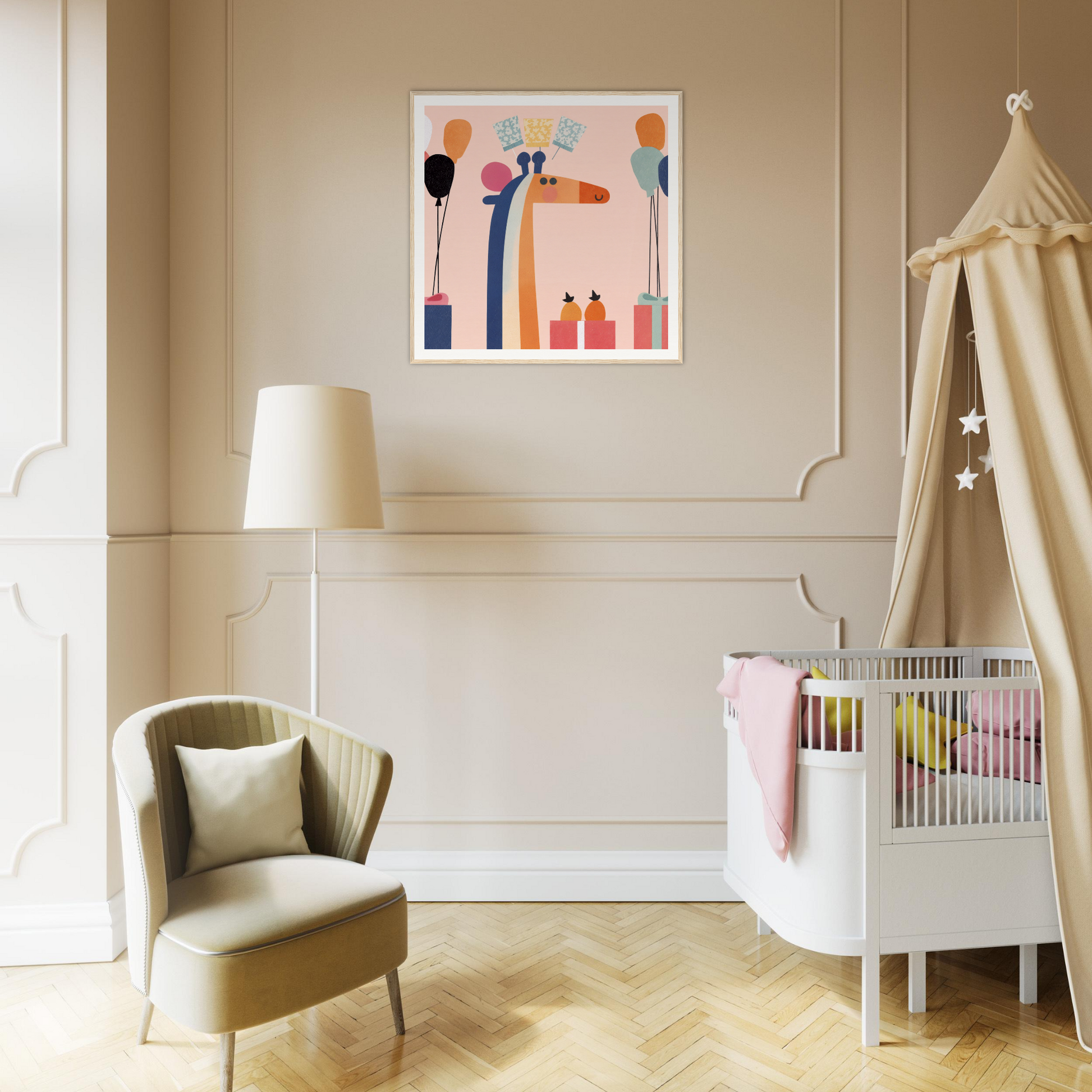 Modern nursery decor with a white crib and canopy, perfect for cute nursery wall art