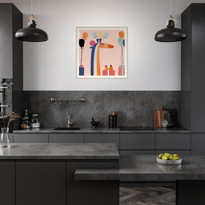 Modern dark gray kitchen featuring colorful abstract wall art and stylish black pendant lights