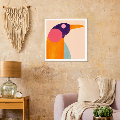 Colorful geometric bird art print in a white frame for nursery wall art decor