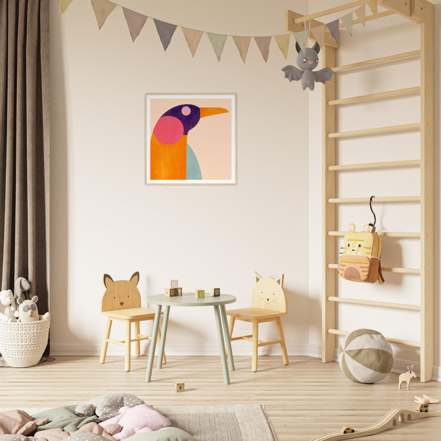 Bright kids play area with animal chairs and table, perfect for nursery decor fun