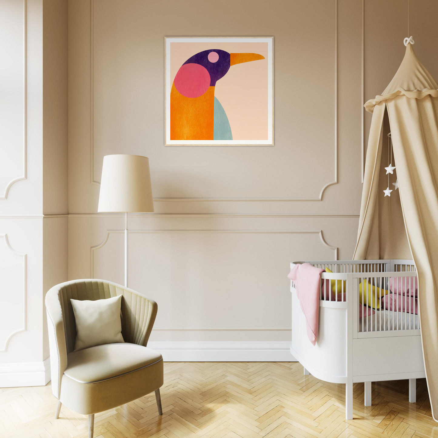 Modern nursery with white crib, canopy, and colorful nursery wall art above