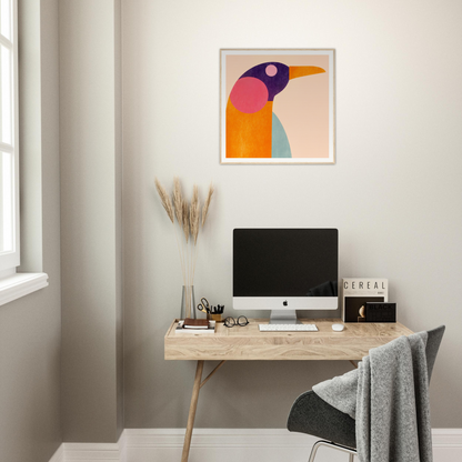 Colorful geometric bird artwork in a square frame, perfect for nursery wall art