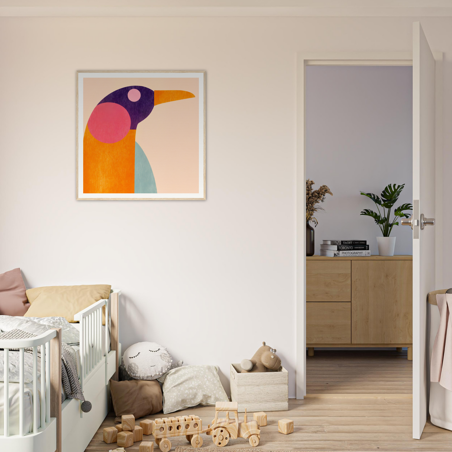 Colorful geometric bird artwork for nursery wall art or decor in a minimalist style