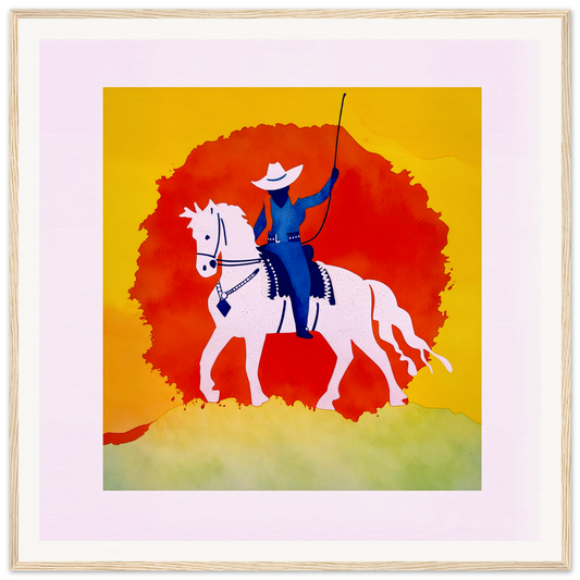 Rider in blue on white horse with red backdrop, perfect for nursery wall art