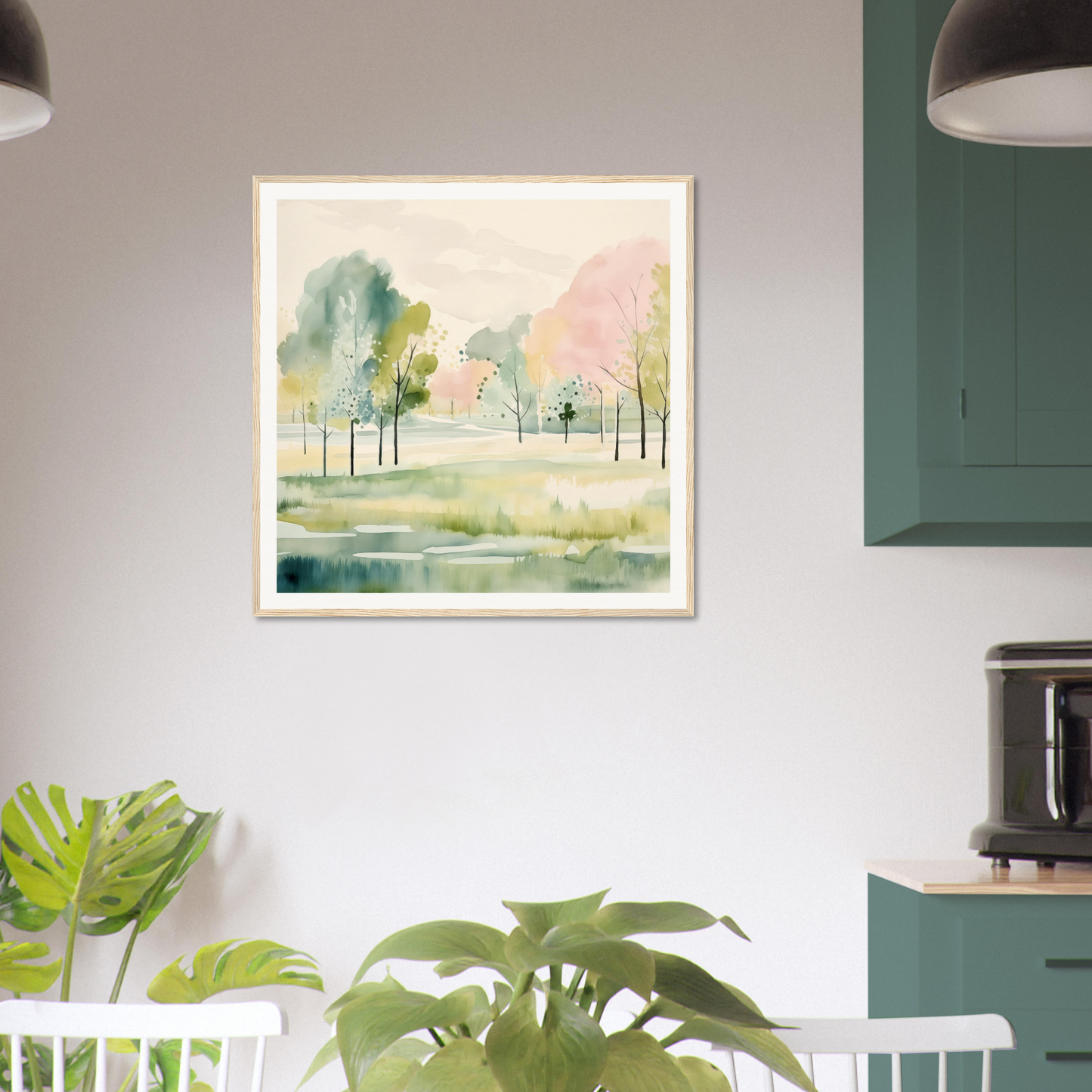 Framed watercolor nursery wall art of trees and misty landscape in soft green and peach