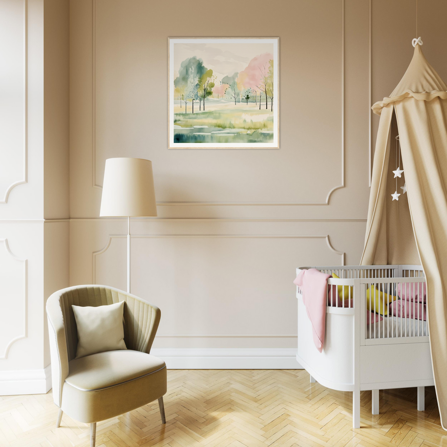 Modern white crib with beige canopy, perfect for stylish nursery decor and wall art