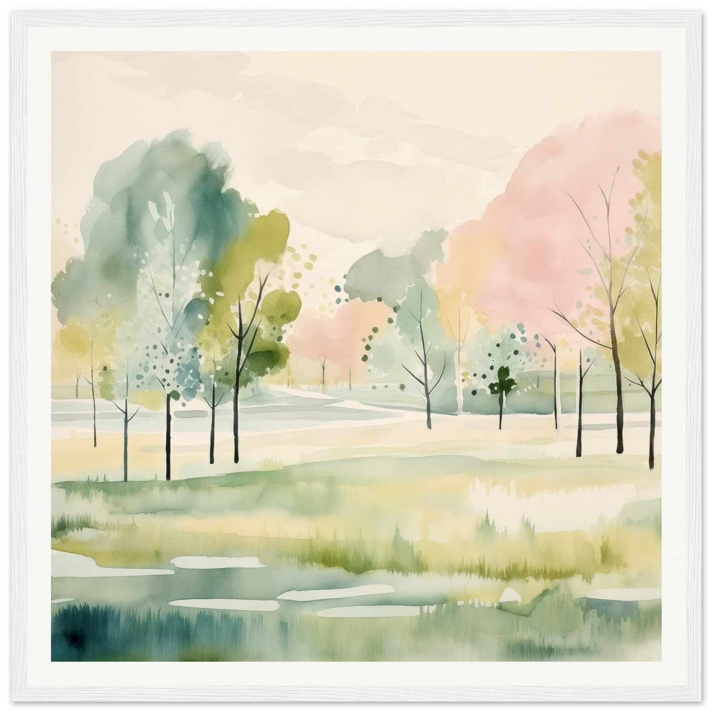 Watercolor painting of a serene spring landscape for nursery wall art or decor