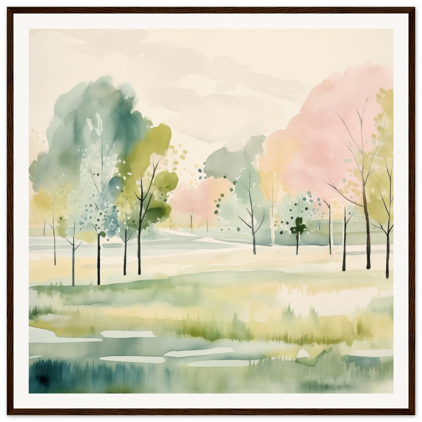 Watercolor painting of a serene spring landscape for nursery wall art decor