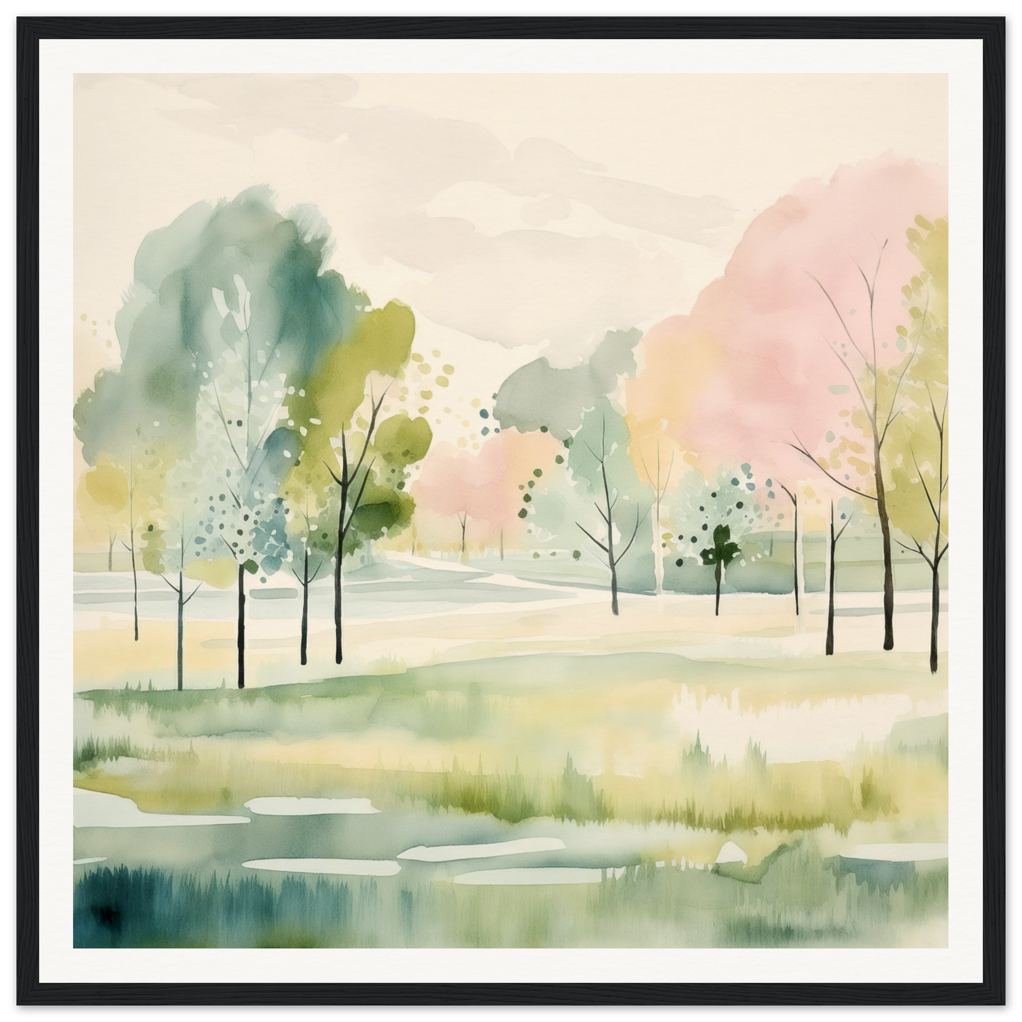 Watercolor painting of serene spring landscape for nursery wall art or decor