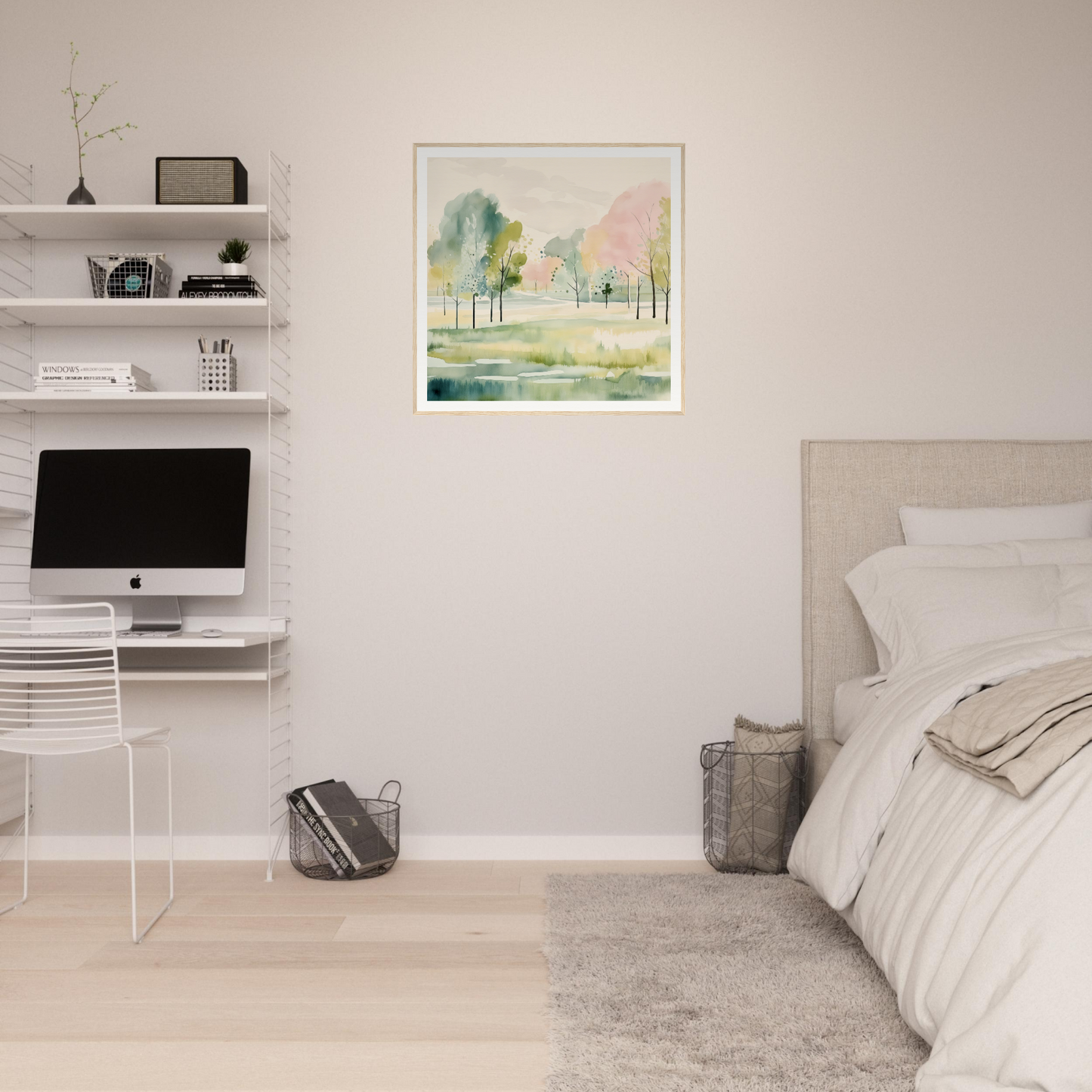 Minimalist bedroom with floating shelves, iMac, and nursery wall art decor vibes