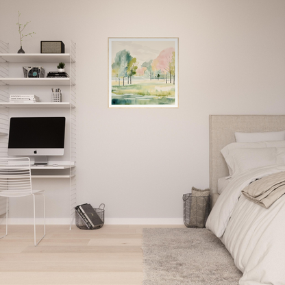 Minimalist bedroom with floating shelves, iMac, and nursery wall art decor vibes