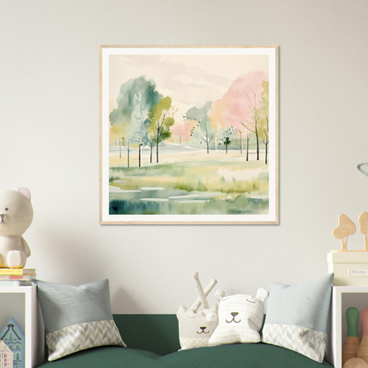 Watercolor painting of serene landscape for nursery wall art or decor in soft pastels