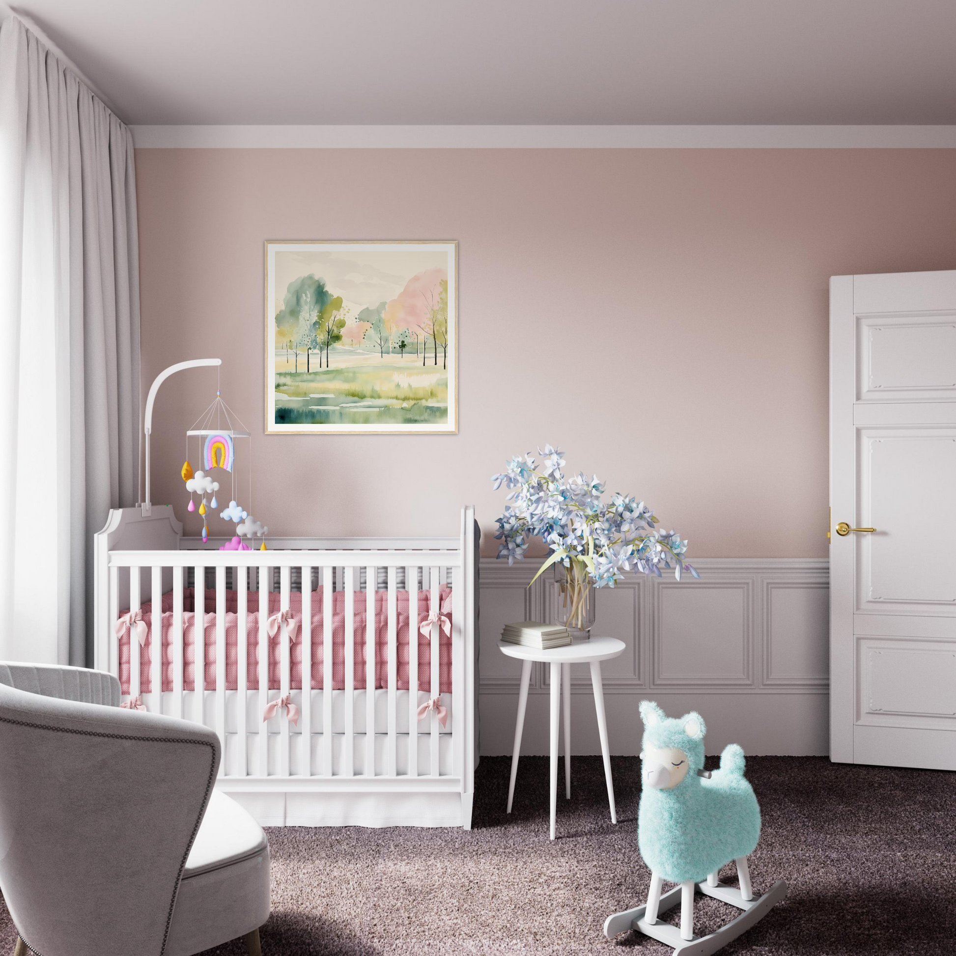 White wooden crib with pink bedding, perfect for stylish nursery decor and wall art