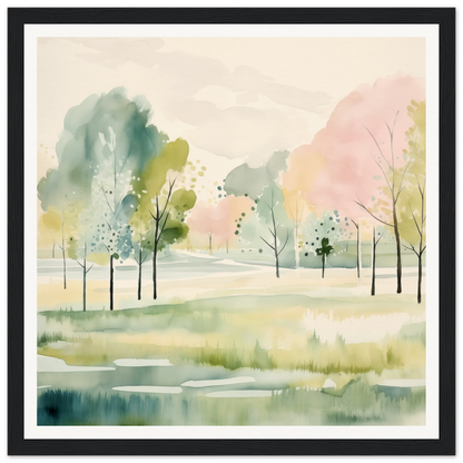 Watercolor forest landscape nursery wall art featuring pastel trees and a peaceful pond