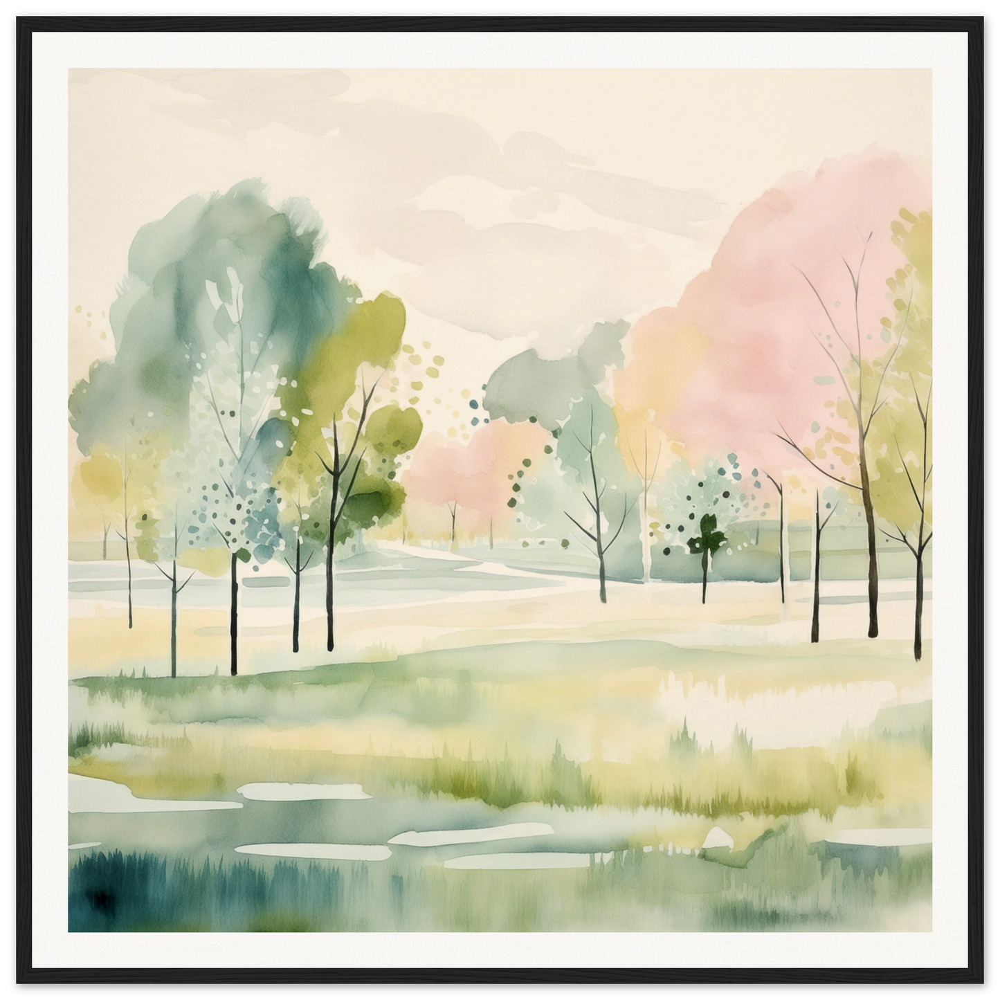 Watercolor painting of a serene spring landscape for nursery wall art or decor