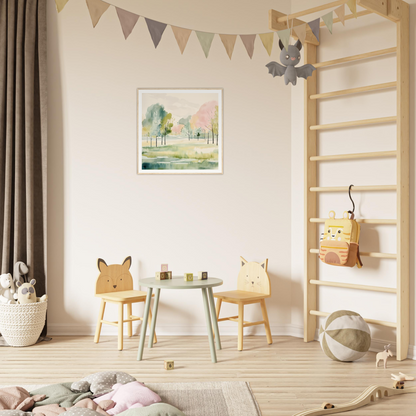 Colorful children’s play area featuring animal chairs and mint green table, perfect for nursery decor