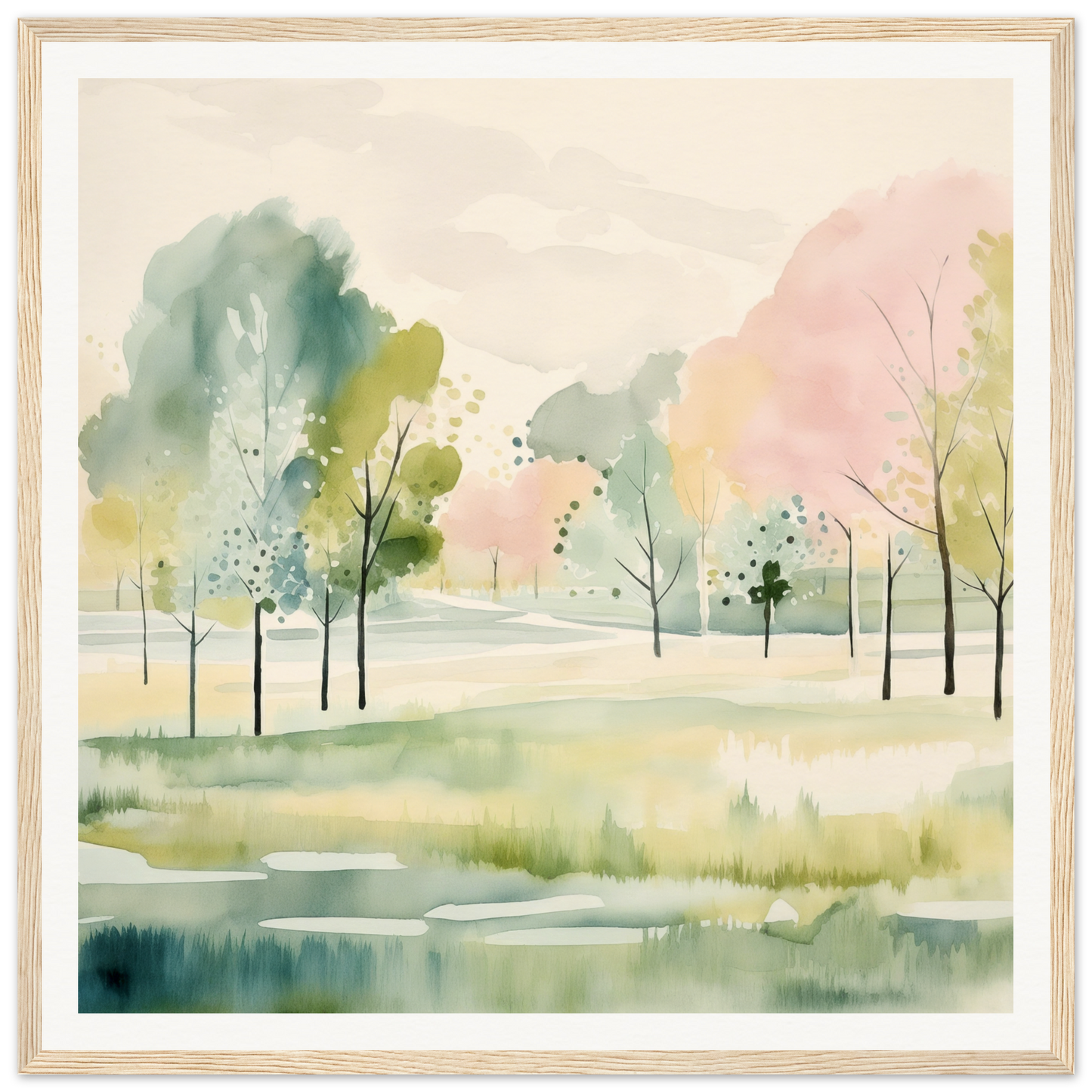 Watercolor painting of a serene spring landscape for beautiful nursery wall art