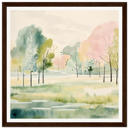 Watercolor nursery wall art of a peaceful spring landscape with trees and a pond