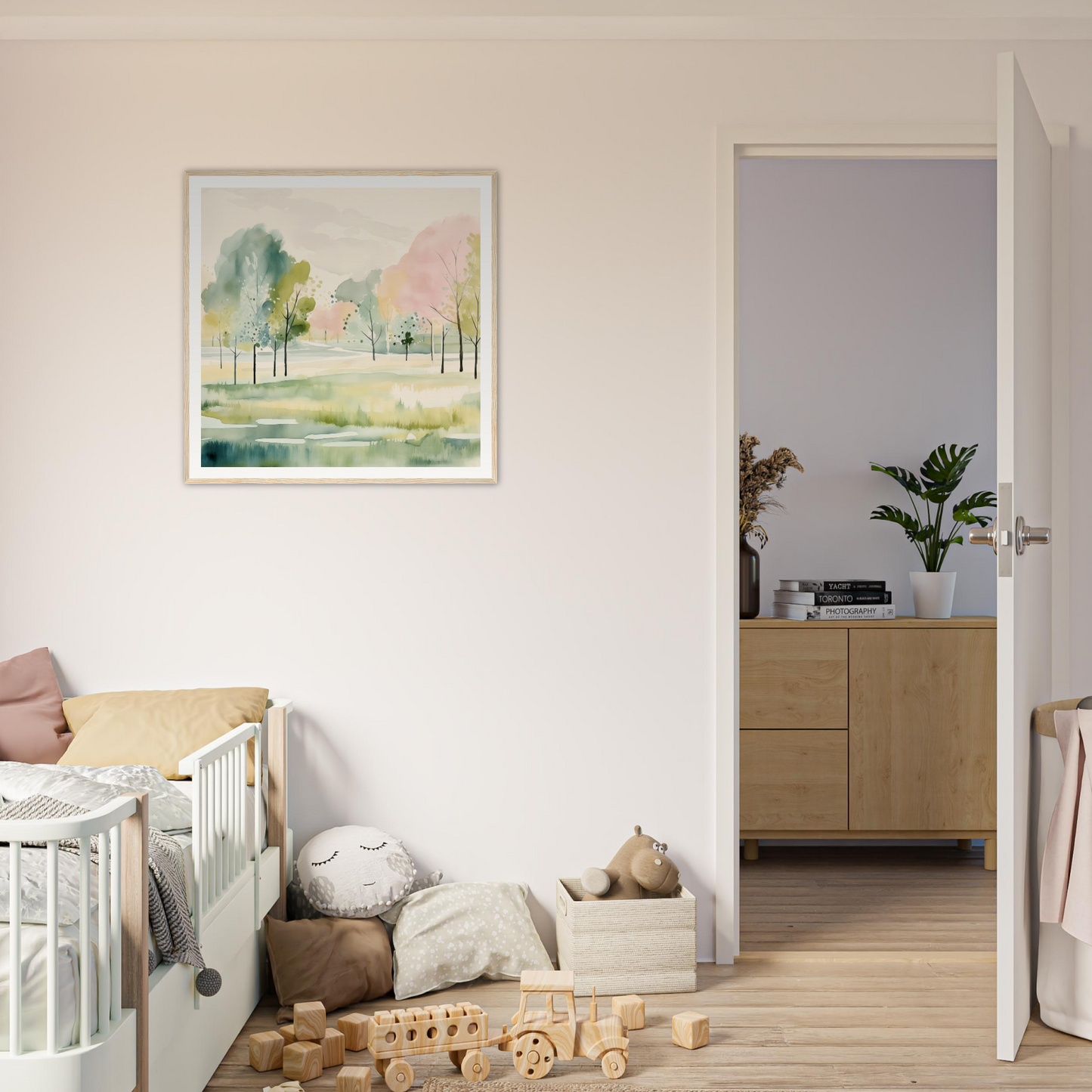 White wooden crib with curved railings, perfect for nursery decor and framed poster display